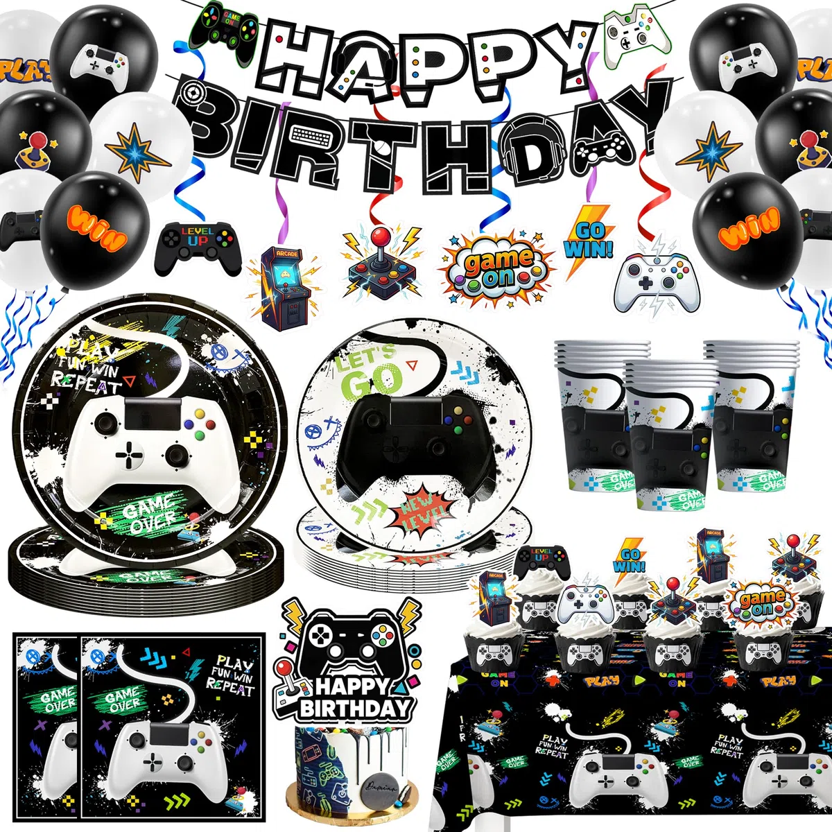 Forniture per Feste per Videogiochi,111 Pezzi Videogiochi Set di Decorazioni Stoviglie Piatti Compleanno Tovaglioli Tovaglia Palloncini Banner etc Decorazione Festa a Tema di Videogiochi