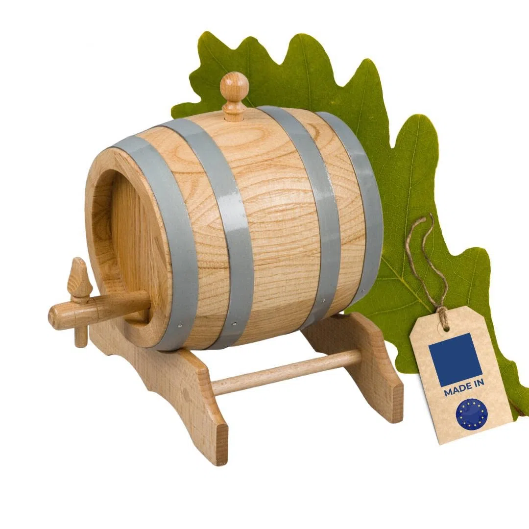 HOFMEISTER® Botte di Rovere da 5 Litri per Vino, Whisky e Grappa, Fatta a Mano, con Rubinetto, Tappo e cavalletto, Inclusi Istruzioni, 27,5 x 24 x 28 cm, Piccola Botte in Legno