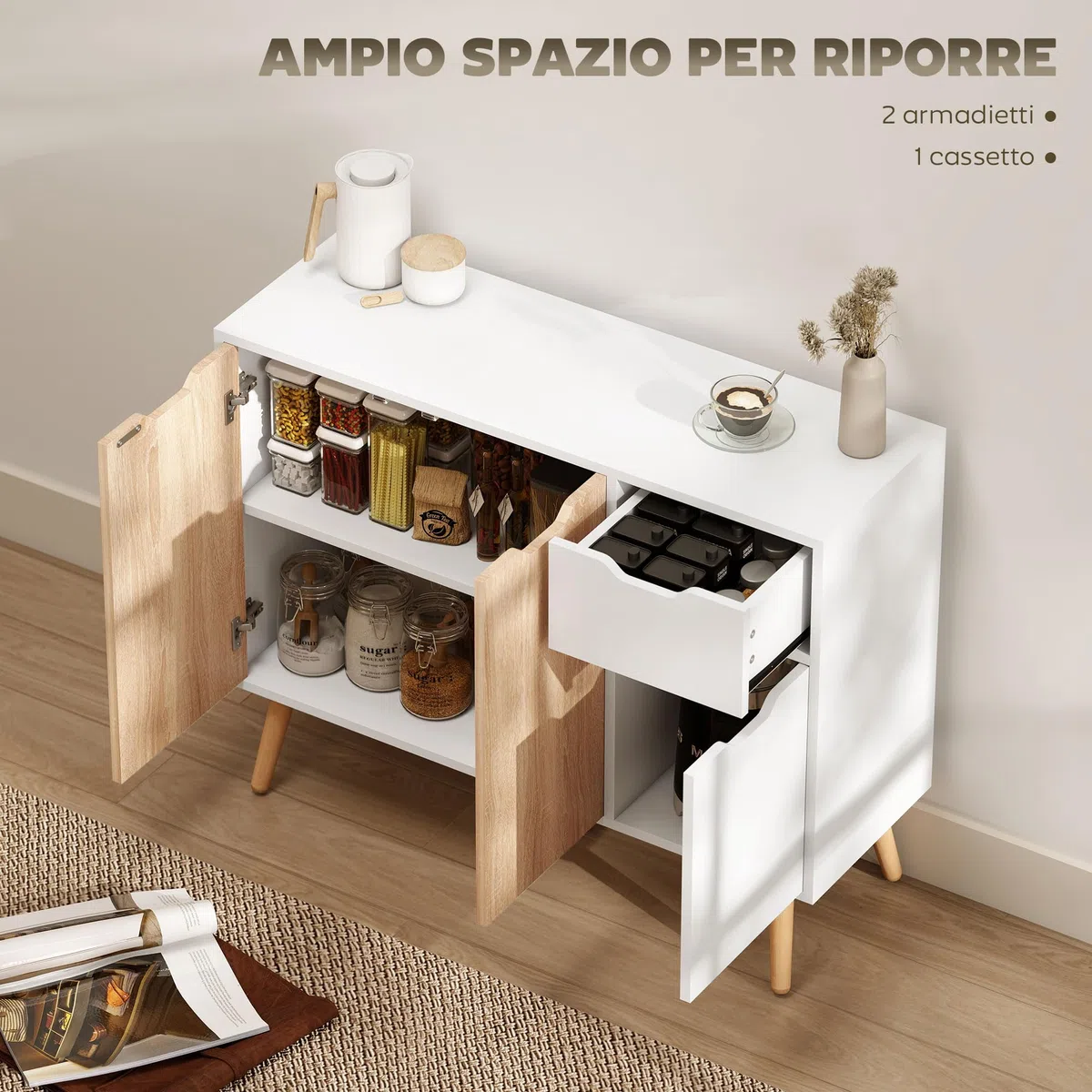 HOMCOM Mobiletto Multiuso con Cassetto e Armadietti, Credenza Stile Nordico in Legno per Camera, Soggiorno, Studio, 90x30x72 cm, Bianco e Color Legno