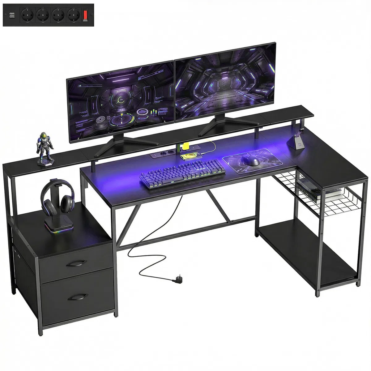 HOMCOM Scrivania Gaming Reversibile ad L con LED, 192.5cm Scrivania Angolare con Prese Elettriche, Supporto Monitor e CPU, 2 Cassetti in Tessuto per Documenti A4/Legale, per Casa Ufficio Studio, Nero