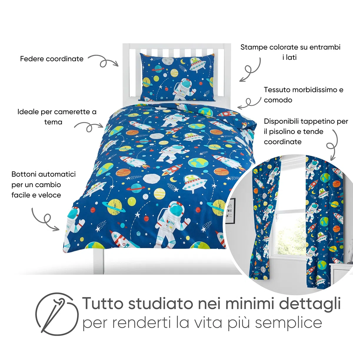 Bloomsbury Mill - Set Copripiumino Piazza e Mezza - Lo Spazio Esterno, Pianeti, Razzi - Lenzuola Letto Reversibile Per Ragazzi/Ragazee - Set Di Biancheria Da Letto Per Bambini - 200x200cm e 2 Federe