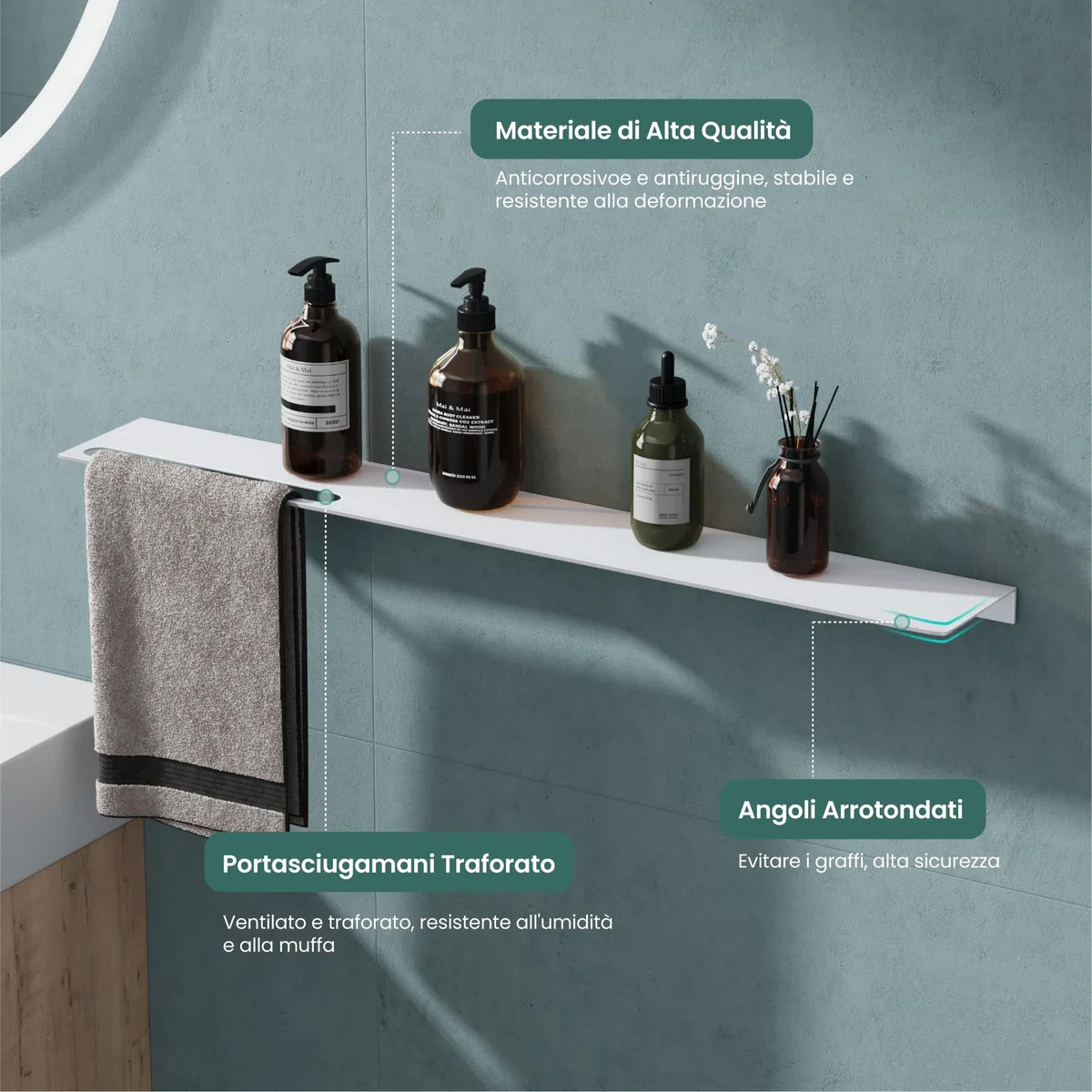 Mai & Mai Mensola da Parete Multifunzionale 40cm, Mensola per Doccia in Alluminio con Portasciugamani Mensola da Appendere per Bagno e Cucina, Bianco Opaco, Reglo-06