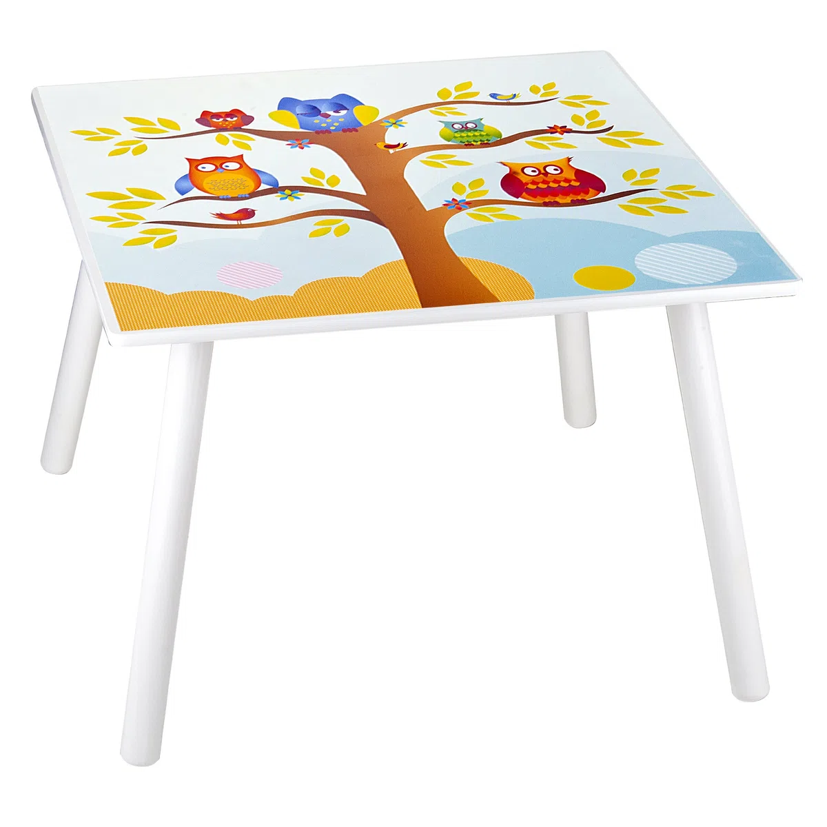 Leomark tavolo e 2 sedie in legno, tavolino set da cameretta per bambini, gioco di gruppo in classe, mobili per bambini, stanza dei bambini mobili alta qualità stabile, tema: GUFI