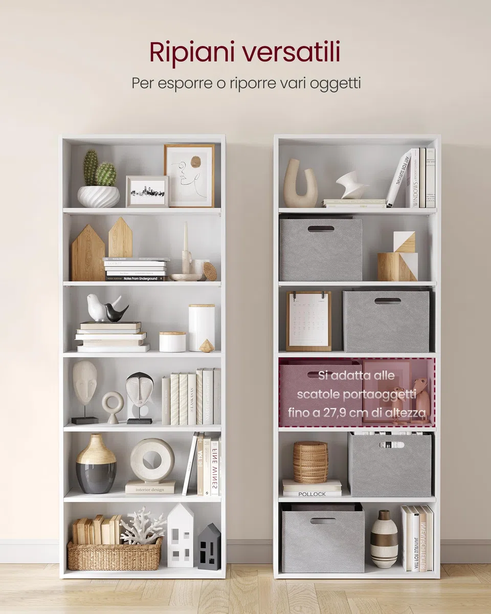 VASAGLE Scaffale a 6 Ripiani, Libreria, Scaffalatura Portaoggetti, Organizzatore con Scomparti, Ripiani Aperti e Regolabili, per Soggiorno, Ufficio, Camera da Letto, Bianco Nuvola LBC166T14