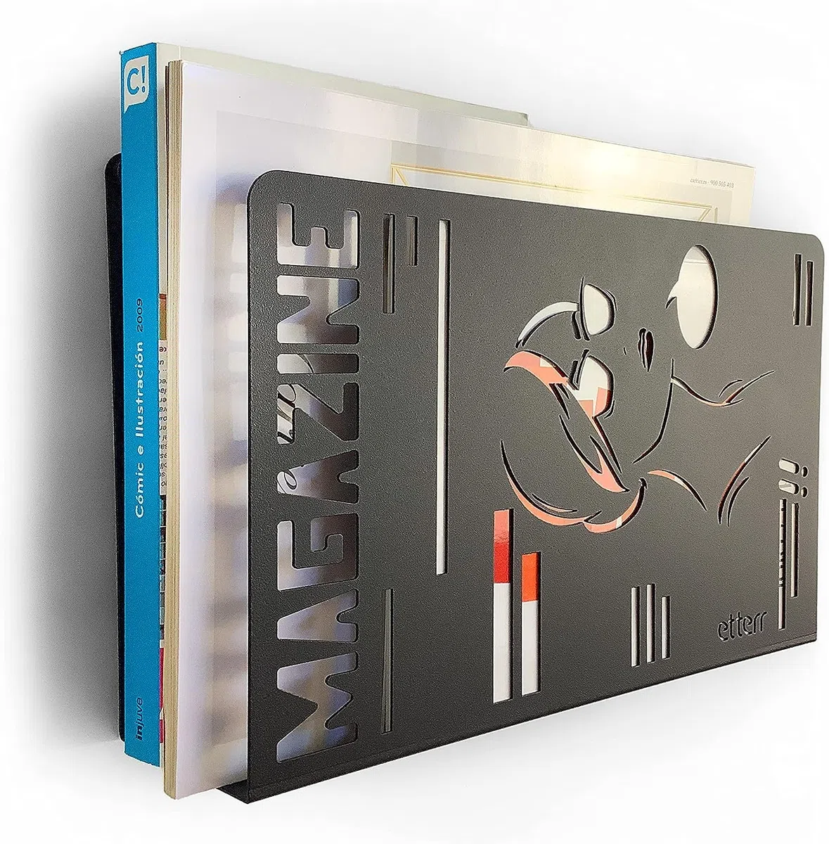 Portariviste da parete in metallo di design. Raccoglitore organizer in metallo. (Magazine, Nero)