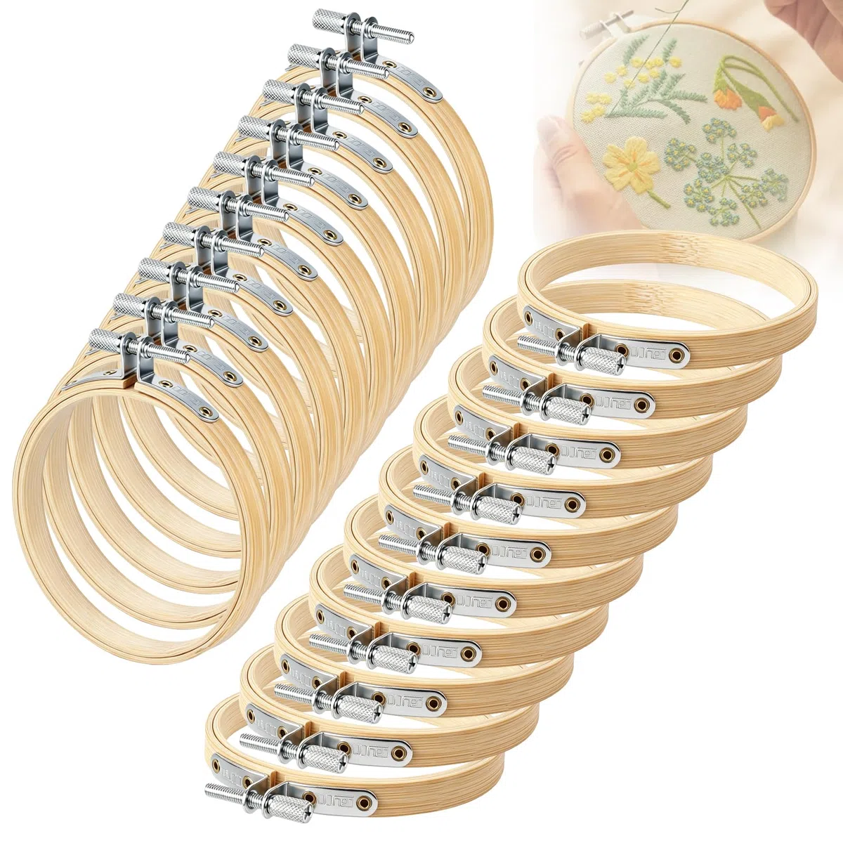 EFUTURETIME Set di 16 Telaio Ricamo in Bambù 15 cm, Telaio Tondo per Punto Croce, Cornice Circolare per Ricamo, Cerchio da Ricamo Regolabile per Fai-Da-Te, Decorazione, Cucito