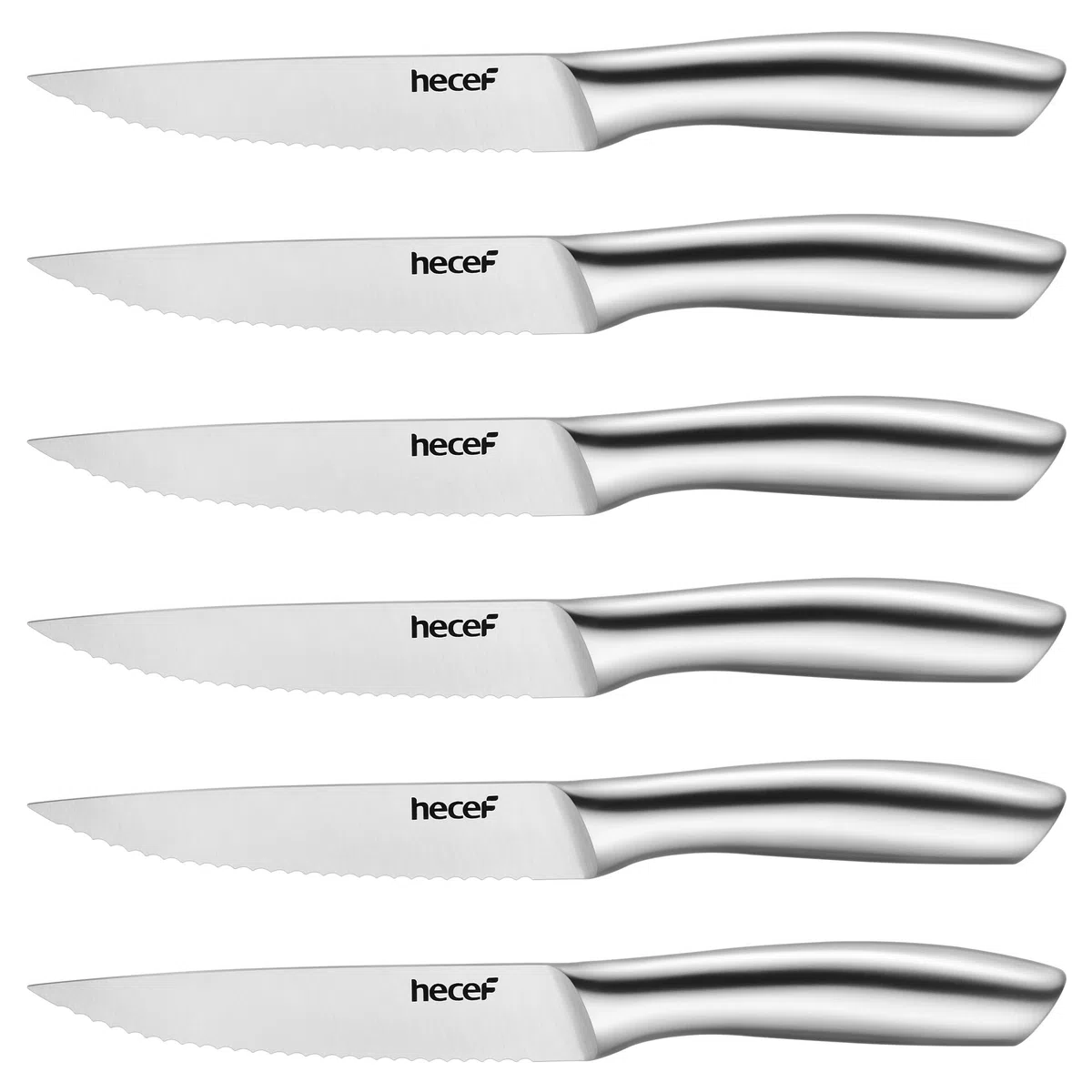hecef coltelli da bistecca, set da 6 pezzi di coltelli da tavola affilati con lama seghettata e manico cavo ergonomico, coltello da carne in acciaio inox per bistecca e pane, 12,7 cm, argento