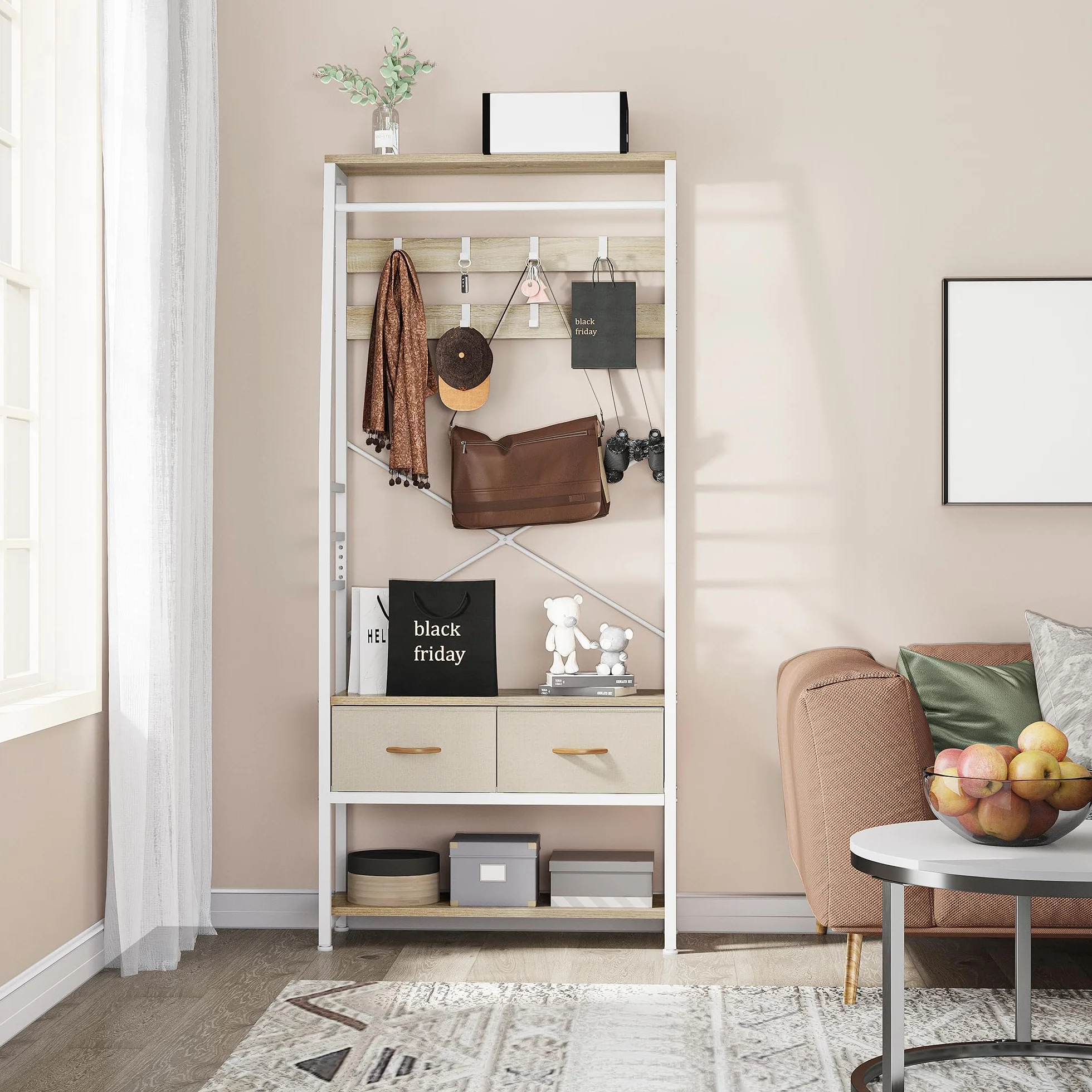 YITAHOME Appendiabiti, Attaccapanni da Ingresso 6 in 1 con 2 Cassetti, Porta Abiti da Terra con Vano Portascarpe, Asta Appendiabiti in legno e Metallo, per Soggiorno Ingresso, Bianco e rovere