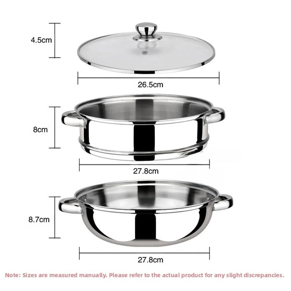 FUBESK - Pentola a vapore a doppio strato in acciaio inox con coperchio in vetro, 28 cm, per zuppe e cucina multiuso, compatibile con fornelli a gas, a induzione e alogeni