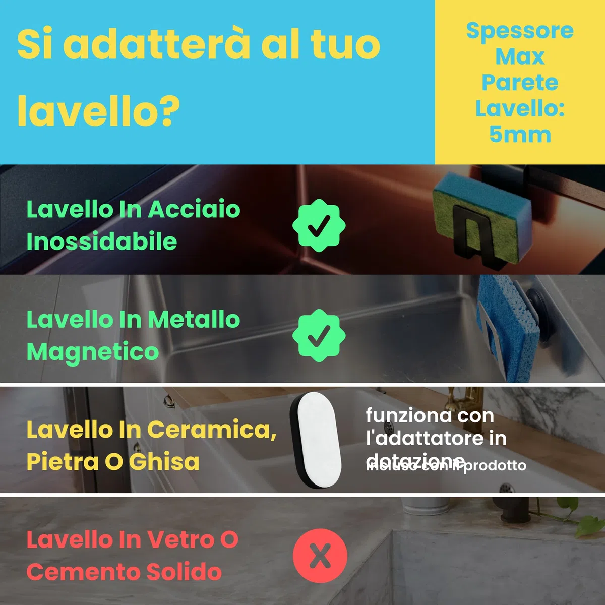 Porta spugna magnetico per lavello della cucina - Magnete potente - Organizer per lavello della cucina - Porta spugna per lavello (biocomposito)