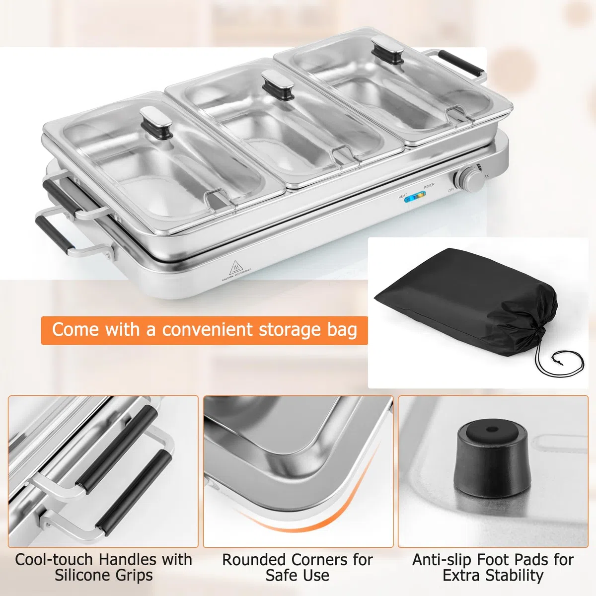 SOARS Scaldavivande Elettrico per Buffet 9L 450 W, Vassoio Scalda Vivande in Acciaio Inox con 3 Contenitori & Coperchi, Borsa, Temperatura 50-150℃, per Feste, Matrimoni, Ristoranti