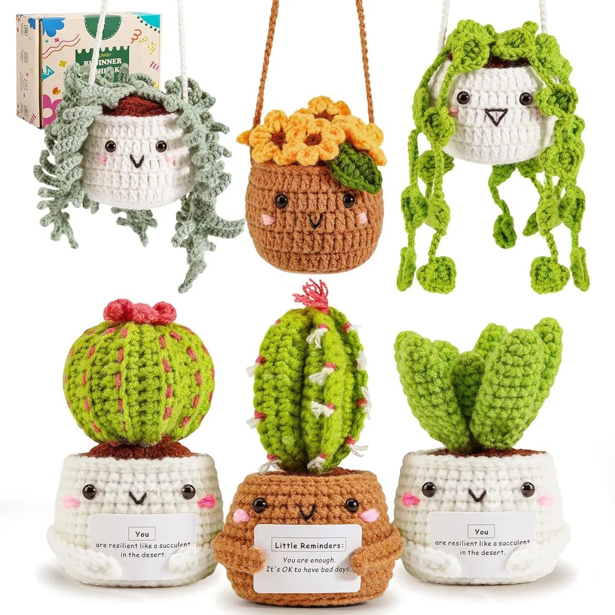 Mecmbj Simpatico Kit per Uncinetto con Cactus, Kit per Uncinetto con Vaso per Piante Fatto a Mano da 6 Pezzi, Set per Principianti all'uncinetto per Adulti con Istruzioni Video Passo di Inglese