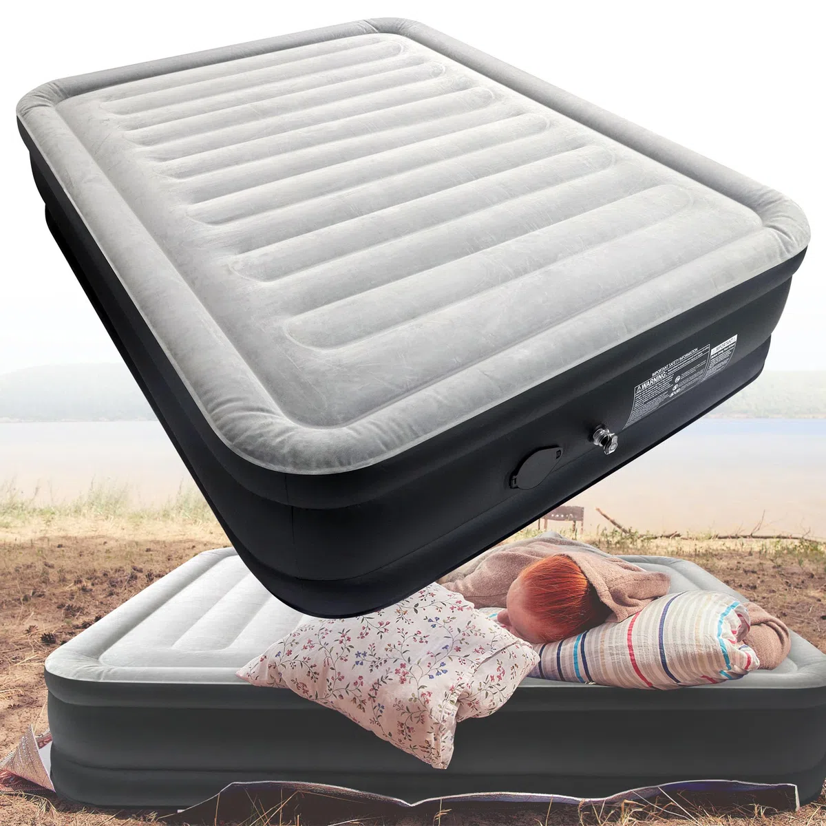 HENGMEI Materasso ad aria da campeggio, autogonfiabile, materasso gonfiabile con pompa elettrica incorporata, con bagaglio a mano (letto ad aria per 2 persone, 203 x 152 x 46 cm)