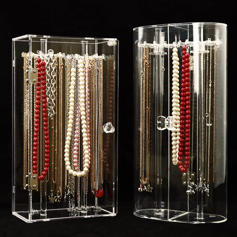 Porta della collana acrilica con 24 ganci, supporto per organizzatore di gioielli rotanti, vetrina di deposito in collana trasparente con copertura per gioielli, casa (Porta della collana quadrata)
