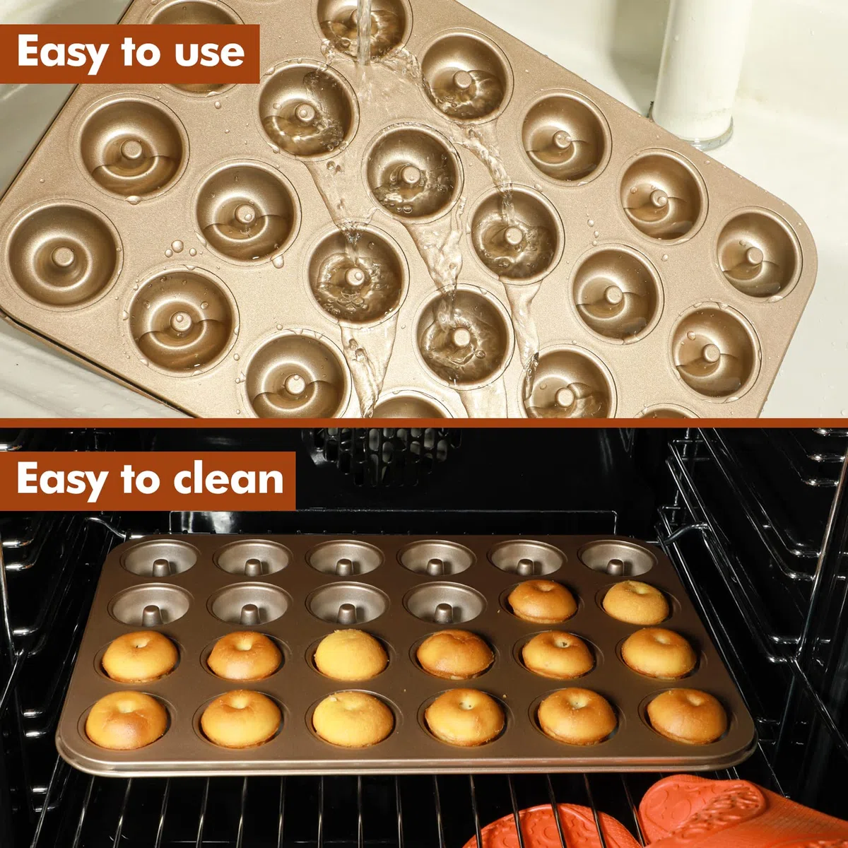 webake Mini stampo per ciambelle, 24 fori, 4,5 cm, antiaderente, in acciaio al carbonio, stampo per ciambelle per cottura fai da te