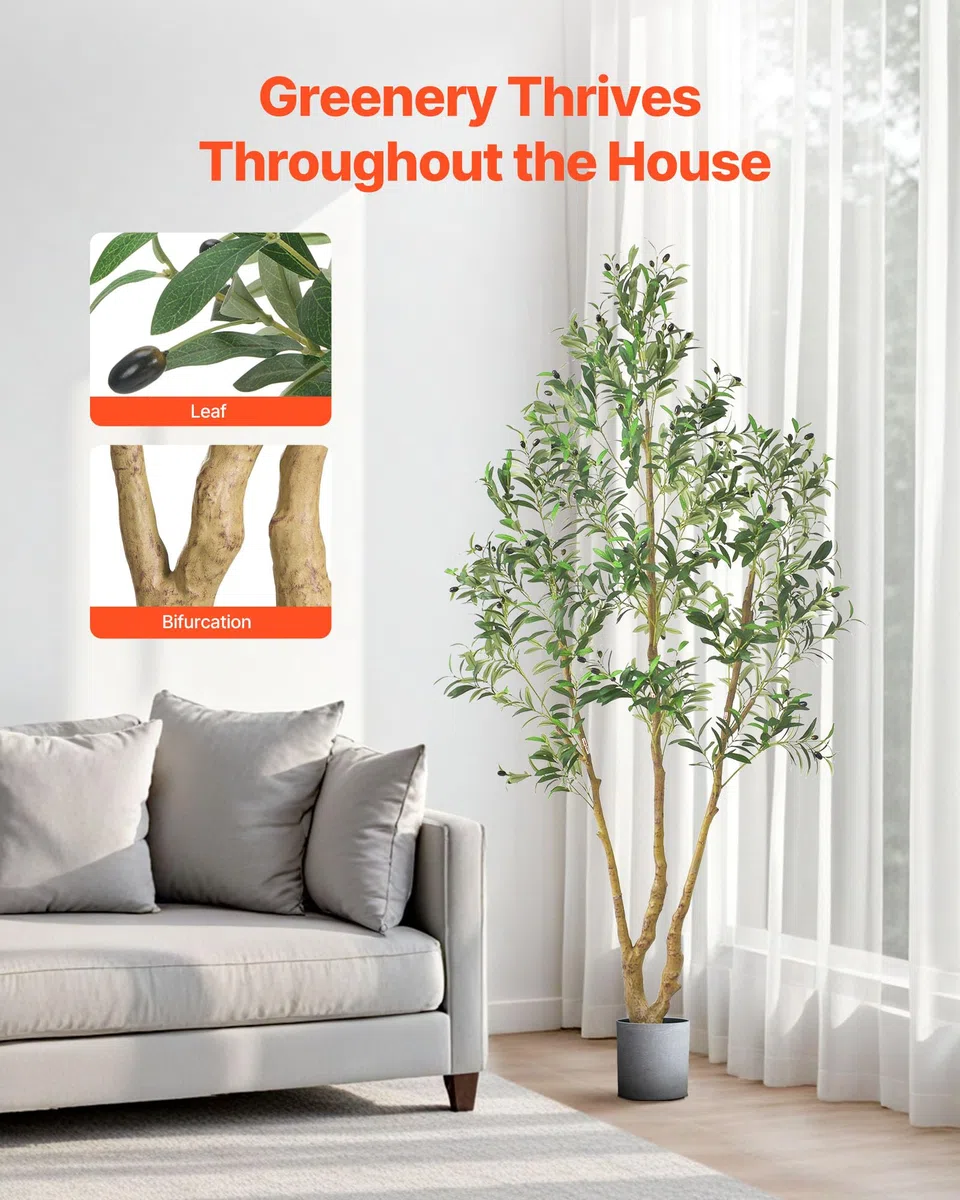 VEVOR Albero Artificiale da Interno da 2134 mm con Vaso Nero, Albero di Ulivo Artificiale con Tronco in Legno Naturale e Foglie e Frutti Verdi Realistiche, per Casa, Soggiorno, Decorazione d'Angolo