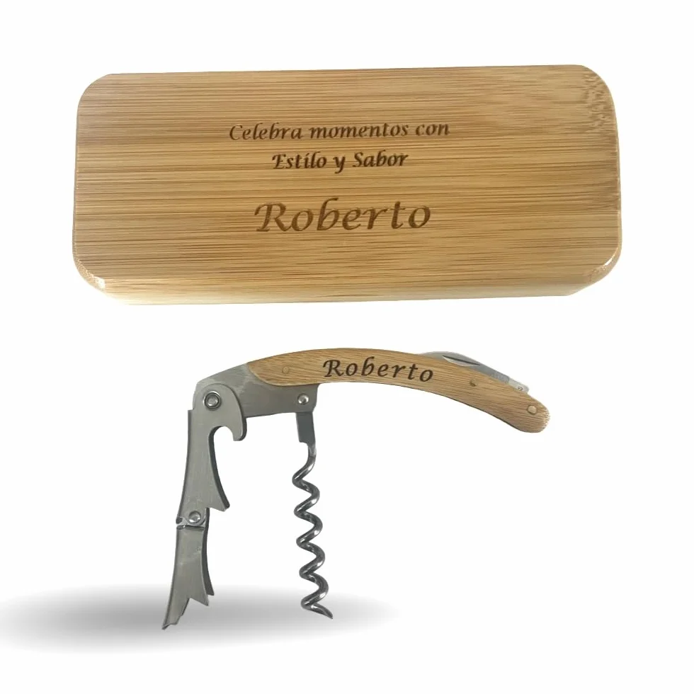 regalo grabado - Cavatappi Professionale Personalizzato | Bambù Naturale | Cavatappi Personalizzato e Scatola Anche | Astuccio Eco-Friendly Bambu | Regalo Compleanno, Padre, Evento