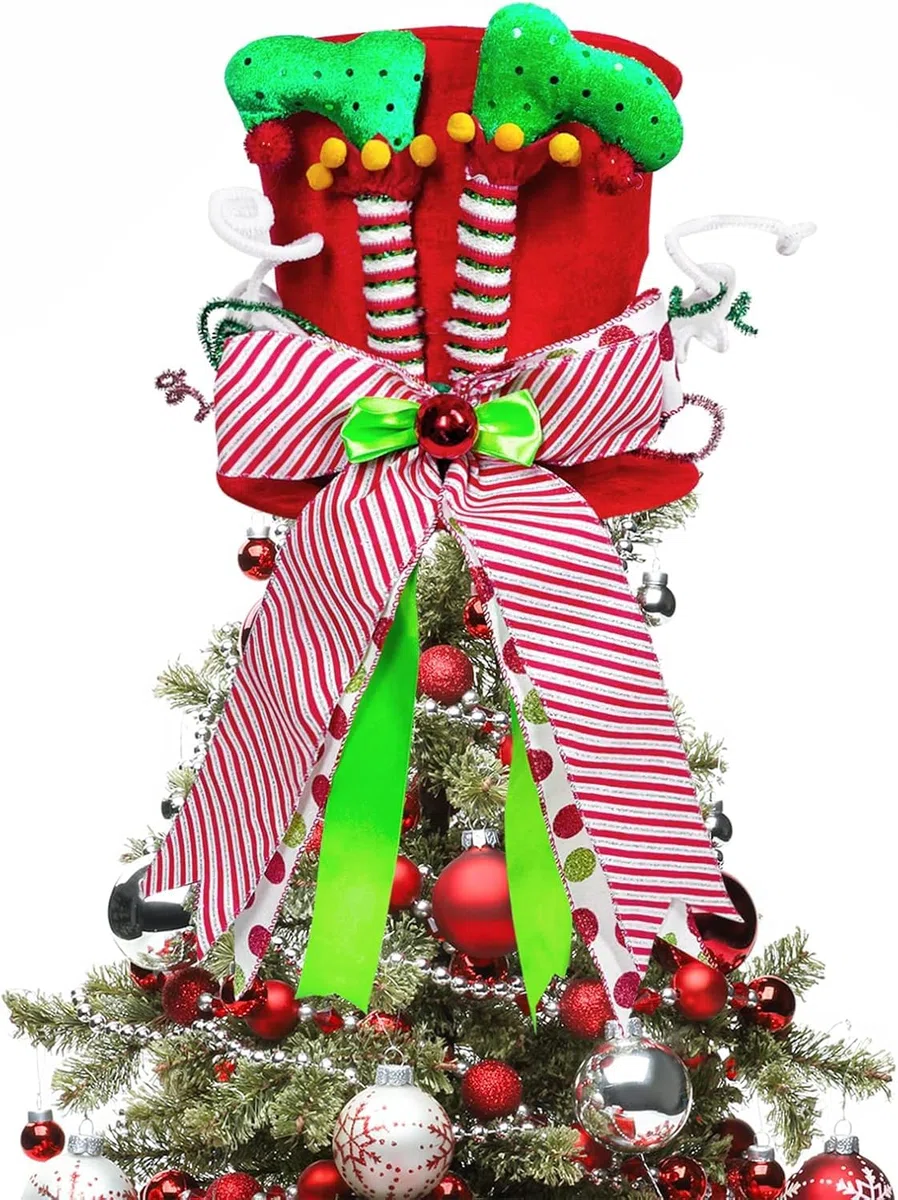 KAHEIGN Punte per Albero di Natale, 25CM Grande Rosso Puntale per Albero di Natale Cappello a Cilindro con Gambe da Elfo e Nastro a Strisce per Casa Natale Inverno Festa Decorazione Desktop Ornamenti