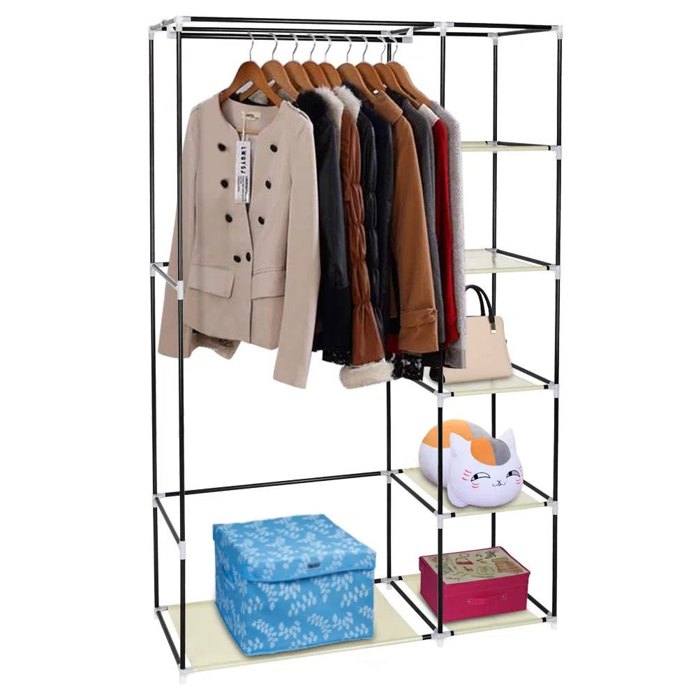 LEADZM Armadio, guardaroba in tessuto pieghevole con cerniera, scomparti, per camera da letto, soggiorno (Beige, 110 x 45 x 175 cm)