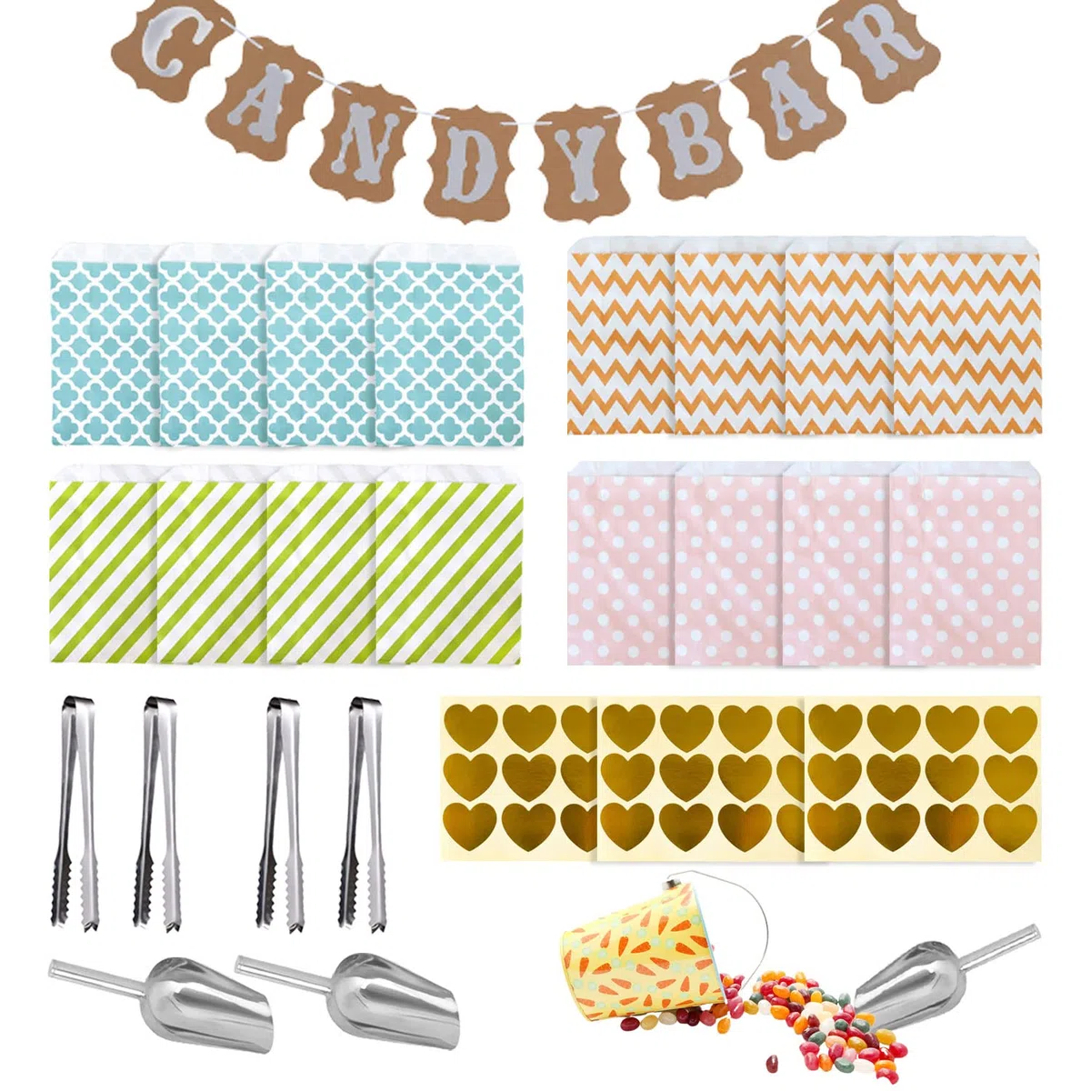 46pcs Candy Bar Sacchetti Caramelle Accessori Set,4 Acciaio Inox Candy 2 Scoop Ghiaccio 36 Candy Sacchetti Regalo 3 Adesivi 1 Candy Bar Banner,Candy Bar Accessori Per Negozi Di Caramelle,Matrimoni