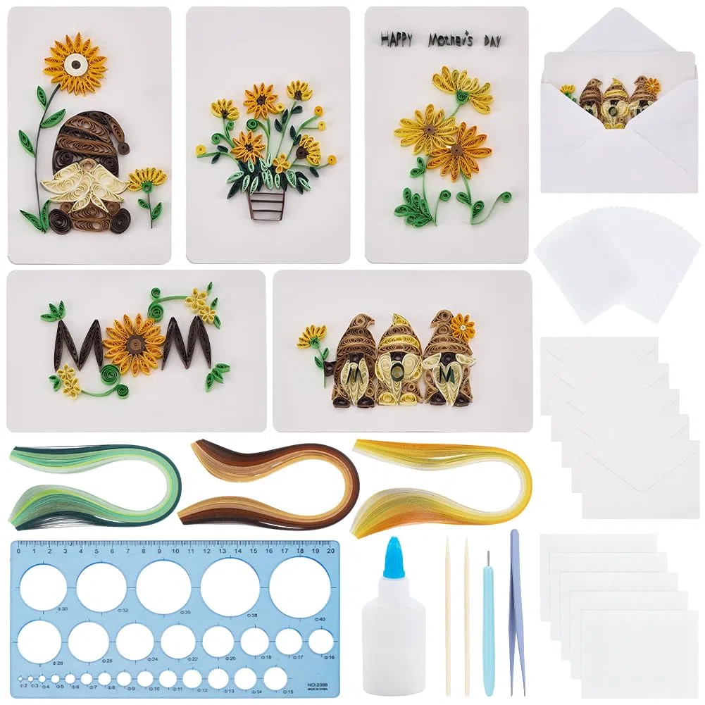 WEBEEDY 20 Kit di biglietti d'auguri, quilling, festa della mamma, kit di quilling in carta, per adulti principianti, 5 stili, mamma girasoli, gnomi, kit di creazione di carte quilling 3D con
