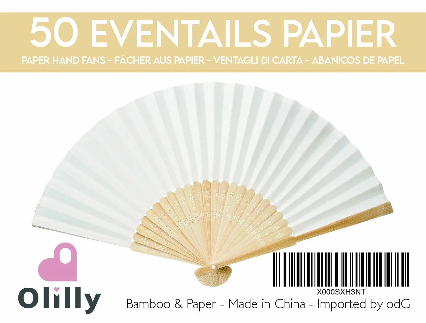 OLILLY - 50 x Ventagli di carta Bianca e Bambù per Matrimoni (Bianco, 50 ventagli)