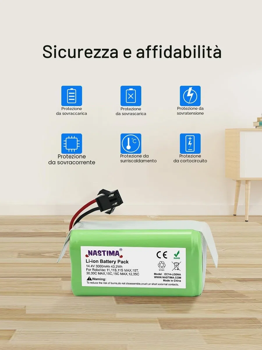 NASTIMA 14,4V 3000mAh Batteria Li-ion Compatibile con IKOHS Netbot S14/S15, Lefant T700/M201, Proscenic 850T, Ecovacs Deebot N79/N79S/DN622, Eufy RoboVac 11S/11/15C/15T/30/35C, Conga 990/1090/1790