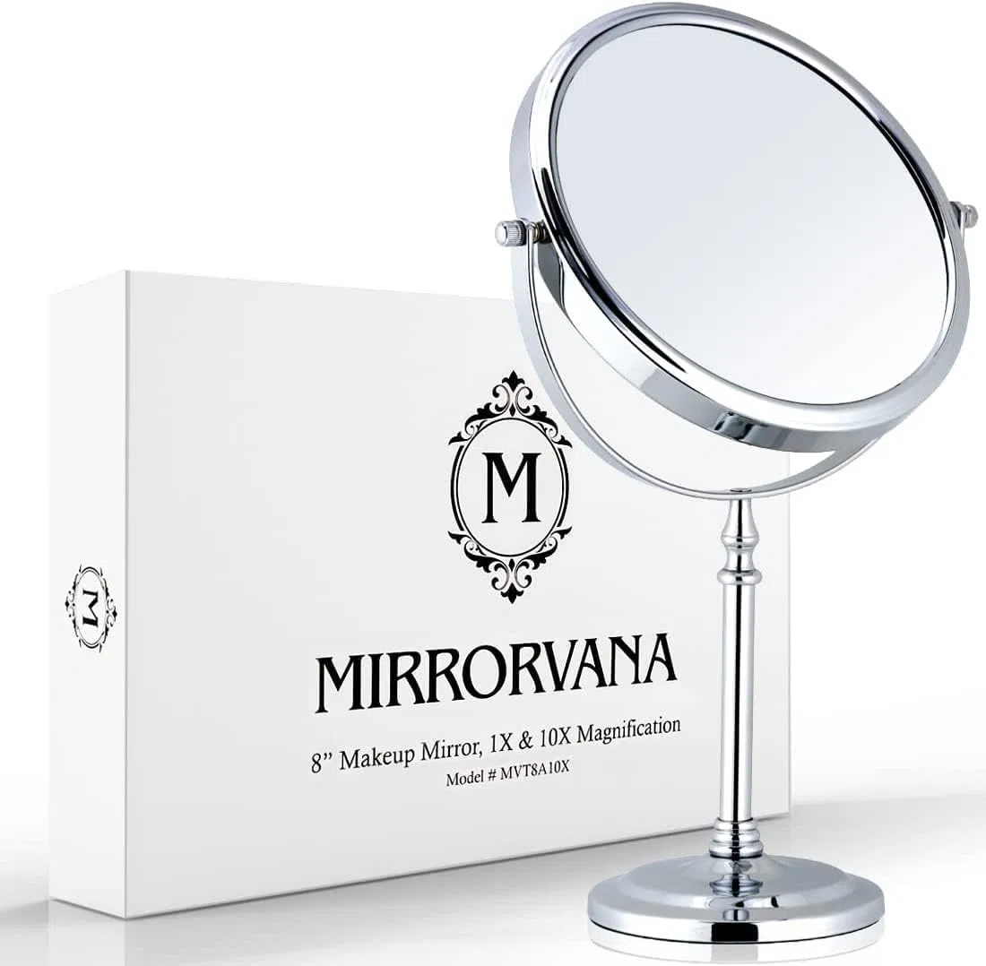 Mirrorvana Specchio da tavolo ingranditore 10X e 1X - specchietto telescopico da bagno per trucco e make up, specchio da appoggio 20 cm (cromato)