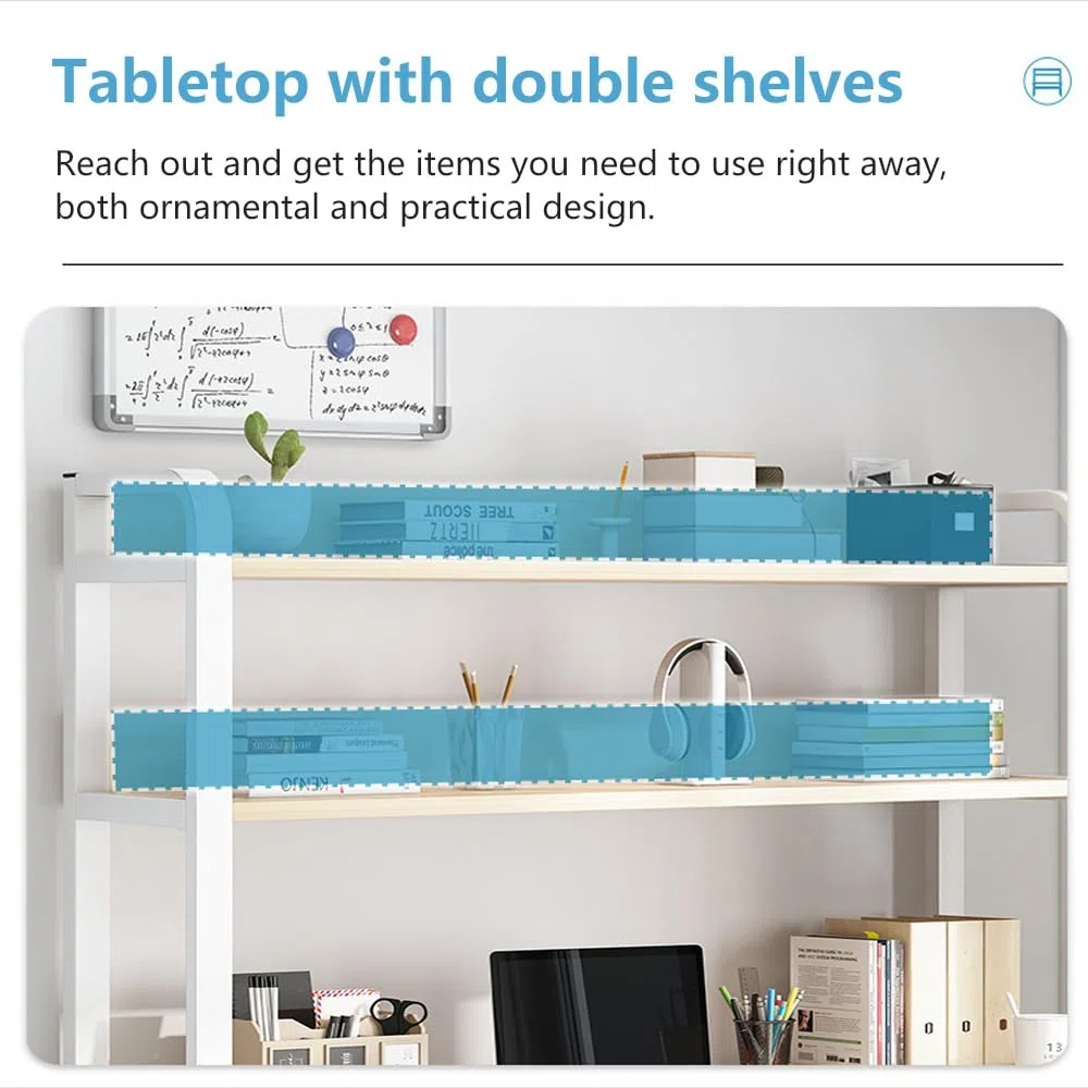 80 x 50 cm, Scrivania per Computer a 4 Livelli, con Vano Portaoggetti, con Libreria, Tavolo per Ufficio, Studio, Camera da Letto, Bianco e Beige Chiaro